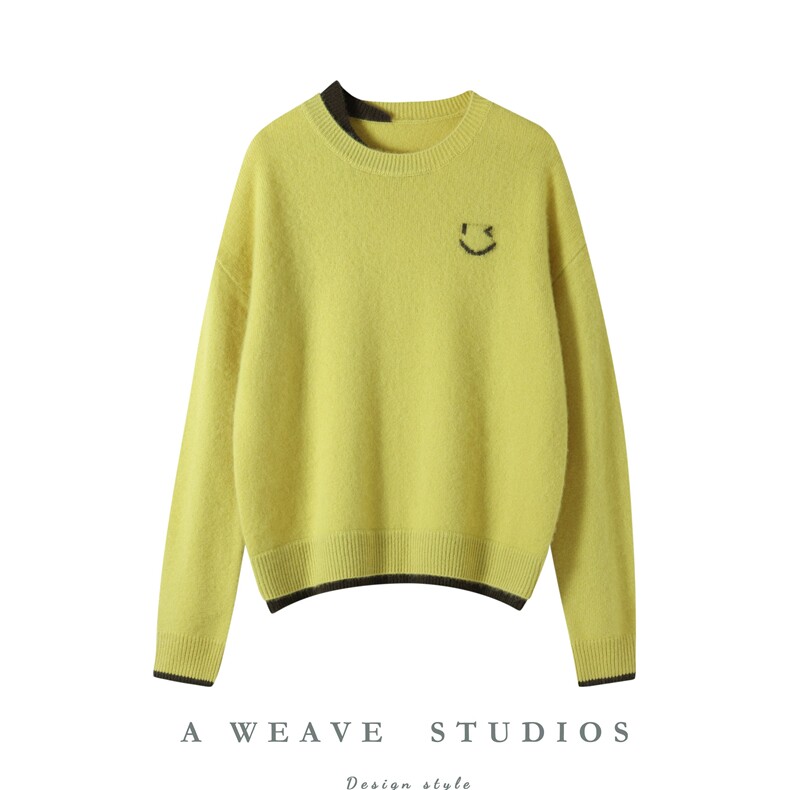 2025舒适百搭简约双股加厚提花小笑脸，女装羊绒衫，朵暖羊绒