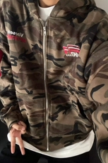 大码胖mm美式高街迷彩开衫连帽卫衣外套女秋季oversize拉链上衣，女装短外套，星座218-8