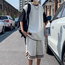 潮流新款夏季五分裤简约日系休闲套装男无袖ins背心慵懒W4831-P56，男装休闲套装，星座412-2