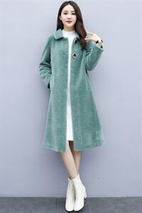 秋冬外套女2021年新款韩版中长款纯色直筒款颗粒绒全毛外套图片