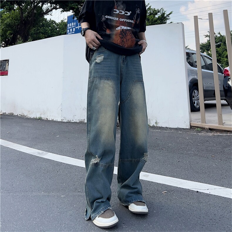 美式破洞黄泥染撞色牛仔裤男宽松直筒高街阔腿嘻哈长裤N002-P45,男装牛仔裤,星座308B-1