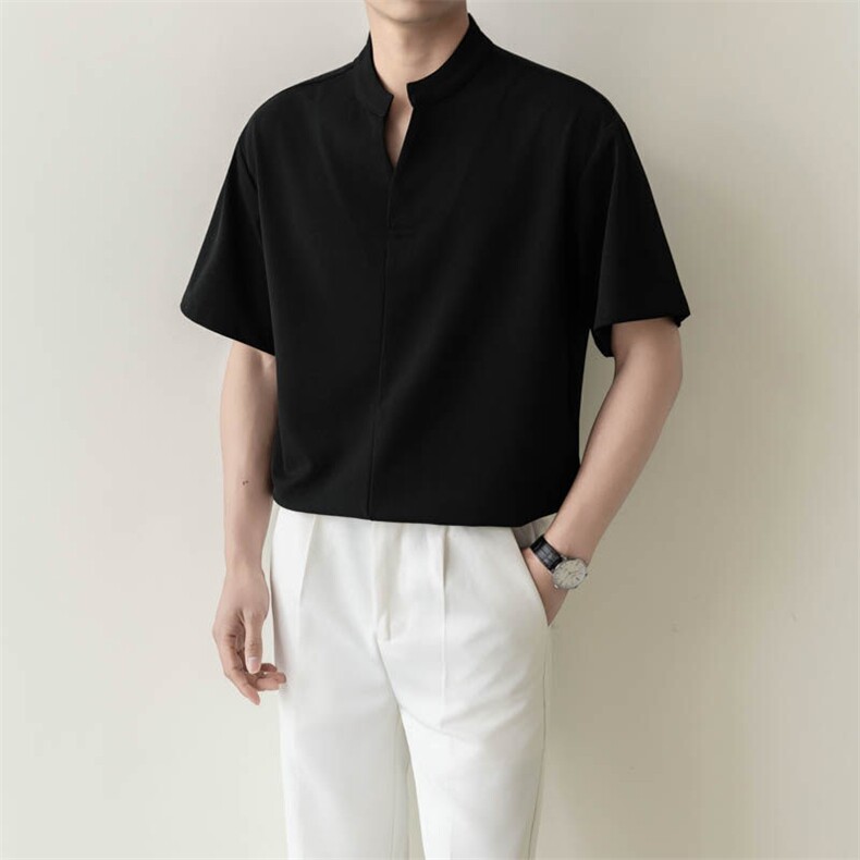 夏男立领纯色衬衫男休闲宽松休闲衬衣轻熟风A236-82599-P55,男装衬衫,电商A236
