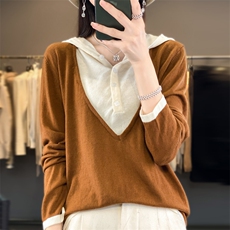 秋冬季新款毛衣女宽松显瘦时尚百搭假两件帽衫上衣，女装针织衫/毛衣，贵皇网供仓