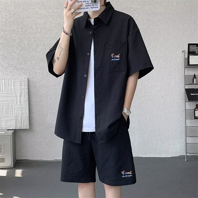 泡泡纱男士套装夏季冰丝短裤短袖衬衫两件套潮牌男生酷帅一整套,男装衬衫,星座1210-1