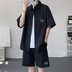泡泡纱男士套装夏季冰丝短裤短袖衬衫两件套潮牌男生酷帅一整套，男装衬衫，星座1210-1