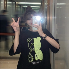 韩版新款宽松中长款设计感开叉抽绳小熊印花短袖T恤，男装T恤，星座506A