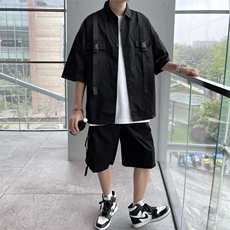 夏季炸街机能风连体衣工装衬衫男生短裤帅气两件套装RT03P55，男装休闲套装，星座1116-2