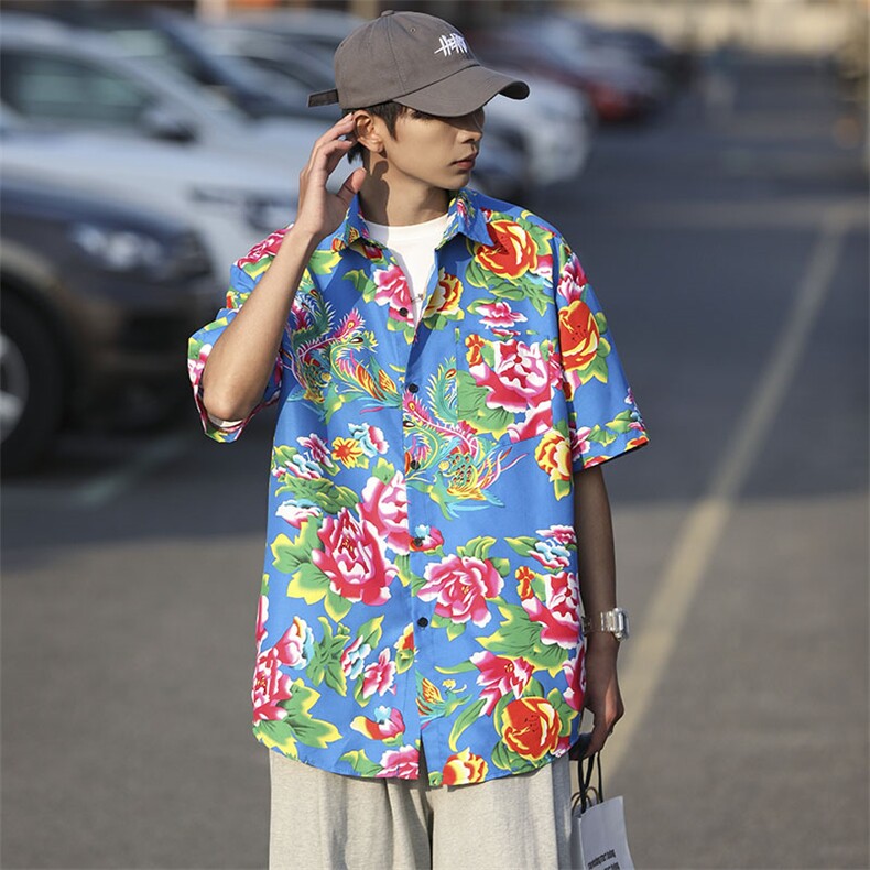 DC203男女中性风东北大花短袖衬衫衬衣外套民族风汉服团队服,男装衬衫,星座115A(原星座507）