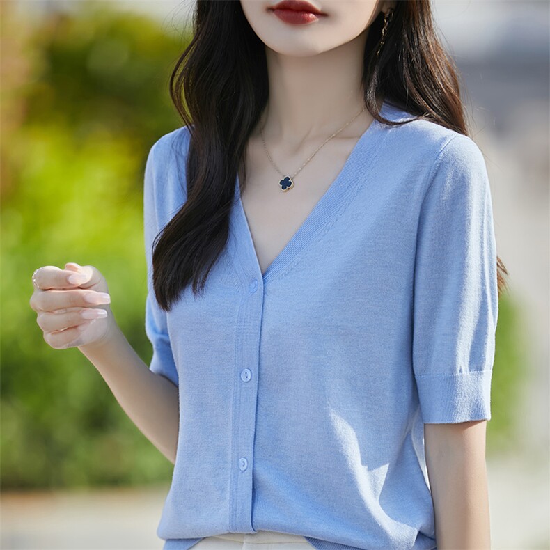 通勤简约V领纯色正肩短袖针织开衫女2025夏季短外套T恤小个子上衣,女装羊毛衫,片语羊绒