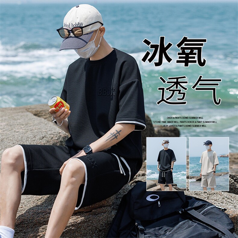 M-8XL大码胖男生假两件宽松运动短袖套装TZ01-P50图片