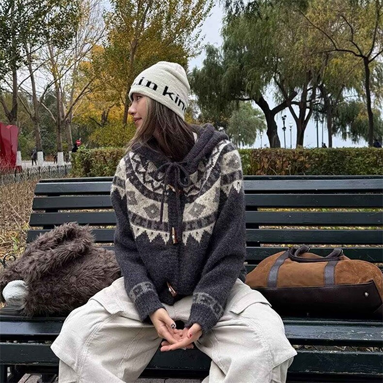 重磅秋冬北极绒开衫毛衣美式复古休闲慵懒风牛角扣针织衫连帽外套,男装针织衫/毛衣,电商A486-1