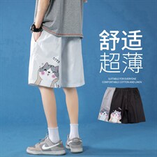 K203P25蓝底休闲青年情侣港风卡通猫狗印花加大码五分裤沙滩裤，男装休闲裤，电商A050
