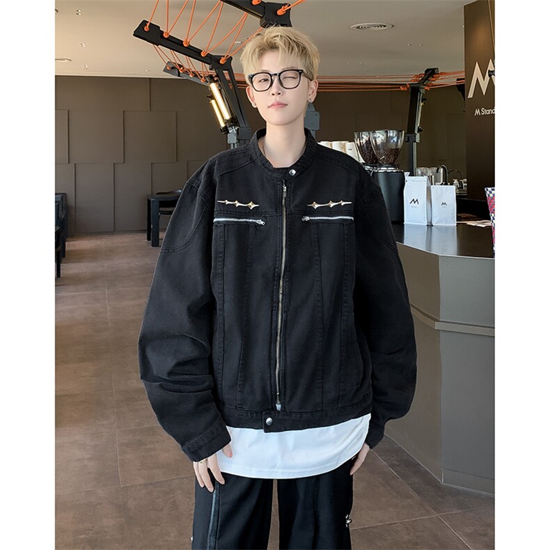复古做旧水洗垫肩短款拼接牛仔外套无领夹克男外套JK224-P78有货,男装工装外套,星座302B-2