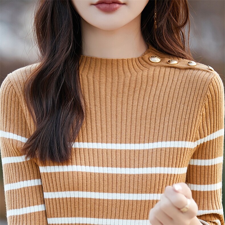 修身短袖针织衫女t恤夏季羊绒撞色条纹冰丝休闲显瘦百搭圆领打底,女装T恤,暖烁特种纱工厂店