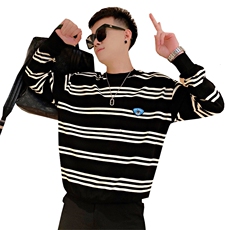 Y18/P78控10春季社会小伙百搭订制条纹刺绣圆领打底长袖卫衣黑首1，男装T恤，星座305B