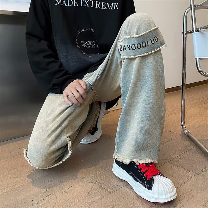 美式高街hiphop做旧牛仔裤男设计感ins潮牌复古阔腿长裤N9393-P45,男装牛仔裤,星座1008