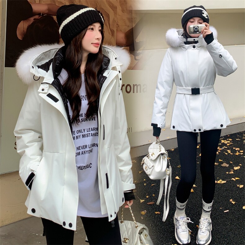 现货现货！2025冬新工装防风保暖收腰超大狐狸毛领白鸭绒羽绒服女，女装羽绒服，时尚风爆