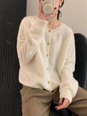 时尚百搭宽松短款针织开衫女早春秋系扣圆领毛衣外套羊毛上衣，女装羊毛衫，恩泰羊绒