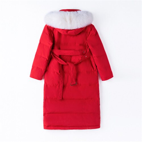 2021冬季新款时尚系带收腰显瘦气质真毛领长款连帽羽绒服，女装羽绒服，贵人树