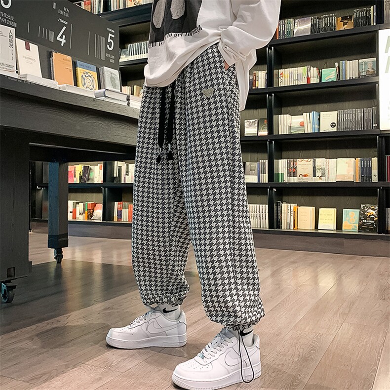 2023秋季港风青年千鸟格金属绣标休闲裤长裤束脚卫裤男K7395-P75,男装休闲裤,电商A441-1