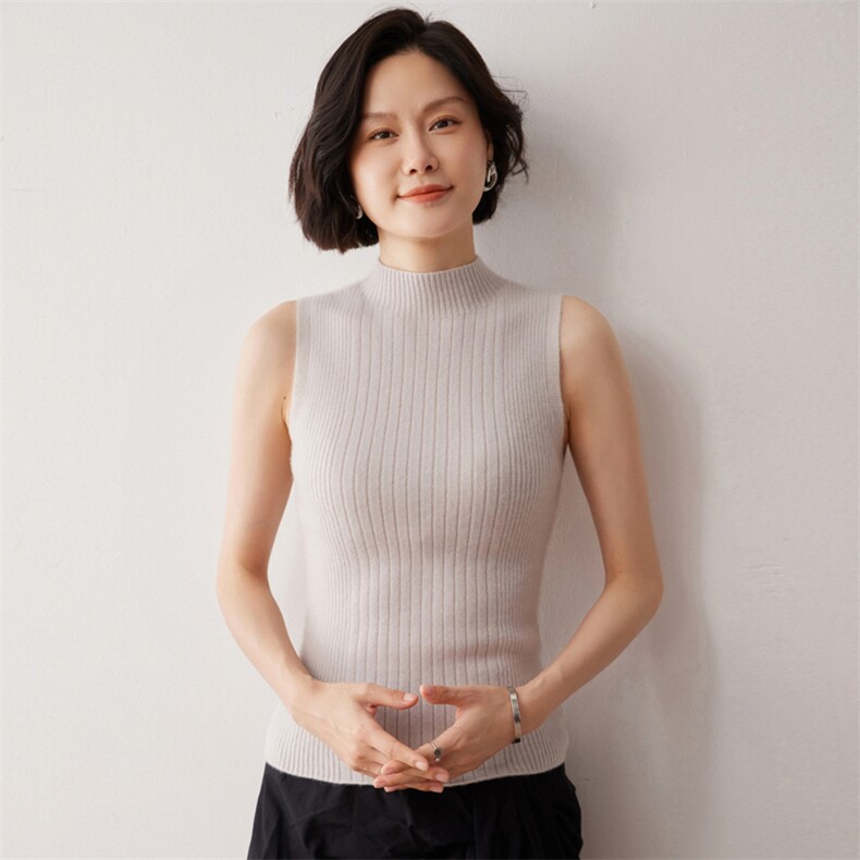 秋冬新款洋气时尚百搭显瘦女款一线成衣半高领无袖衫,女装背心吊带,艾巧羊绒