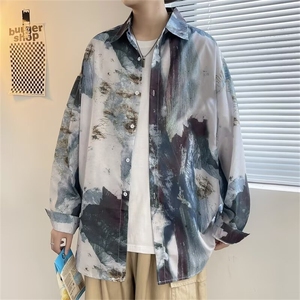 潮流衬衫男春秋季宽松休闲印花长袖衬衣港风复古百搭外套 C146图片