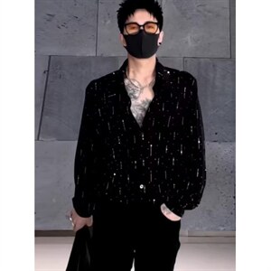 夜店发型师垫肩衬衫男士夏季烫钻宽松痞帅长袖衬衣 CK226图片