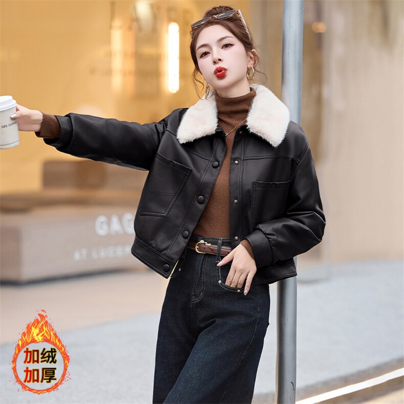 现货海宁f仿真皮皮衣女加绒加厚短款2024冬季新款女士宽松皮外套,女装皮衣,美拉德工厂直营店
