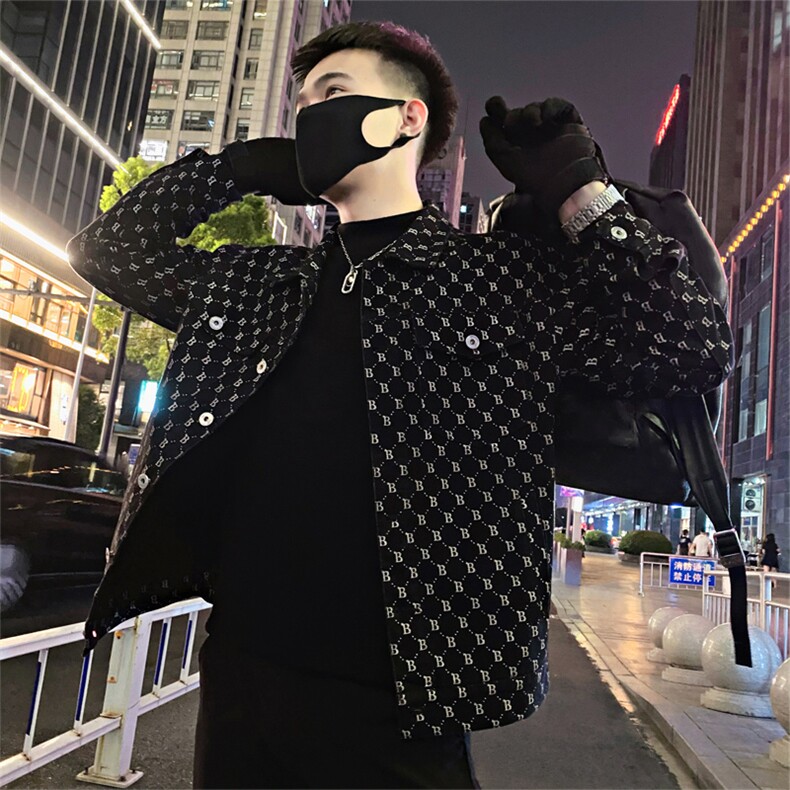 JK87/P115控155春季潮牌老花满印字母牛仔翻领夹克外套男黑首1，男装夹克，星座305B