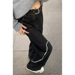黑刺绣解构牛仔裤男潮牌复古廓形休闲宽松阔腿长裤 N8806图片