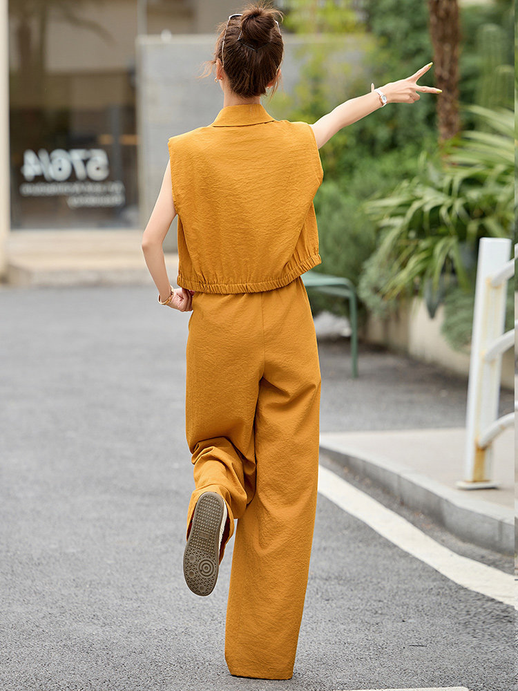夏日漂亮小套装女2025夏季新款超火减龄黄色穿搭马甲阔腿裤两件套,女装套装/套裙,罗腾