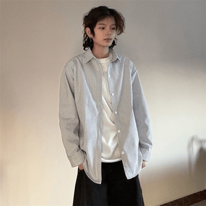 C51-P38美式复古条纹衬衫男长袖内搭打底衬衣春秋学院风外套图片