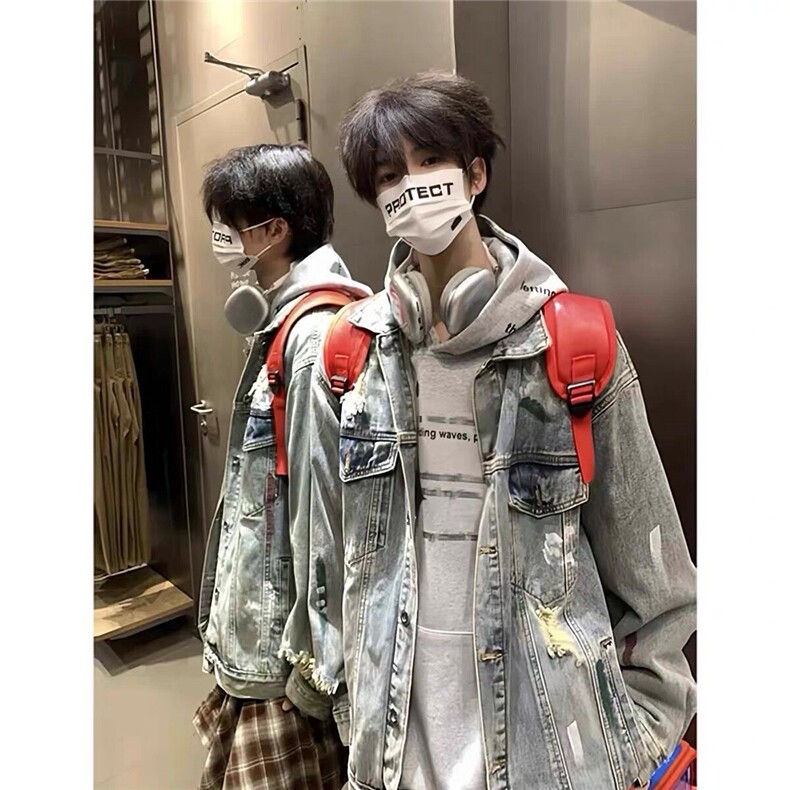 2026年新款港风美式小众破洞涂鸦休闲牛仔外套男潮ins JK1416-P65图片