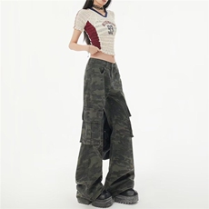 美式复古迷彩微喇叭工装牛仔裤女2025春夏宽松马蹄裤子K6127-P59，男装休闲裤，星座412-3
