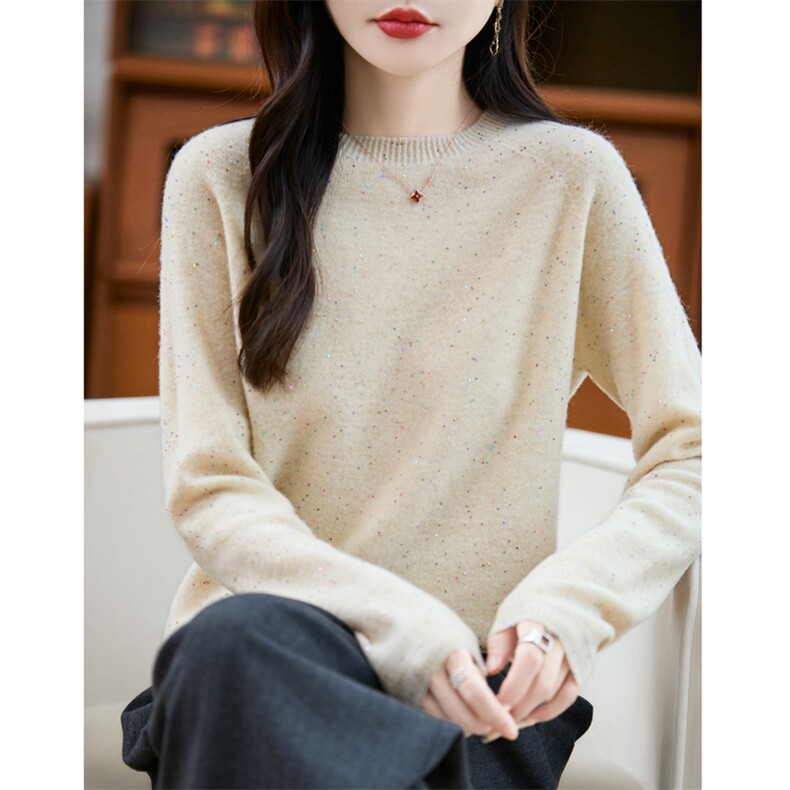 新款圆领针织套头上衣时尚百搭简约风，女装针织衫/毛衣，昭美羊绒