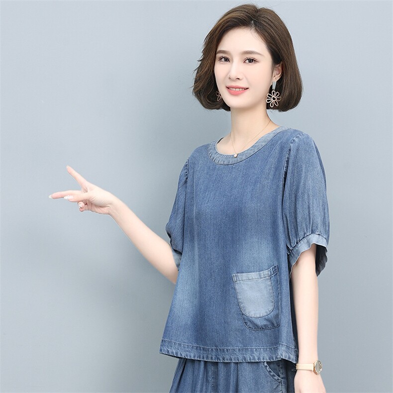 时尚宽松牛仔短袖T恤女夏季新款休闲百搭透气上衣,女装T恤,悦见她