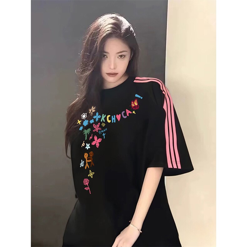 抖音得物品质二开240克宽松纯棉美式潮牌印花三条杠中性风短袖T恤,男装T恤,电商A486