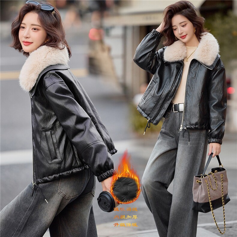 【冬季新款】大量现货可脱卸大毛领金属丝皮90绒短款皮羽绒外套，女装皮衣，魅衣本色