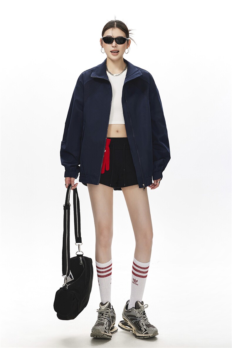 美式罗纹拼接袖子褶皱大码M-5XL教练夹克女JK78056P69控105,男装夹克,星座227-7