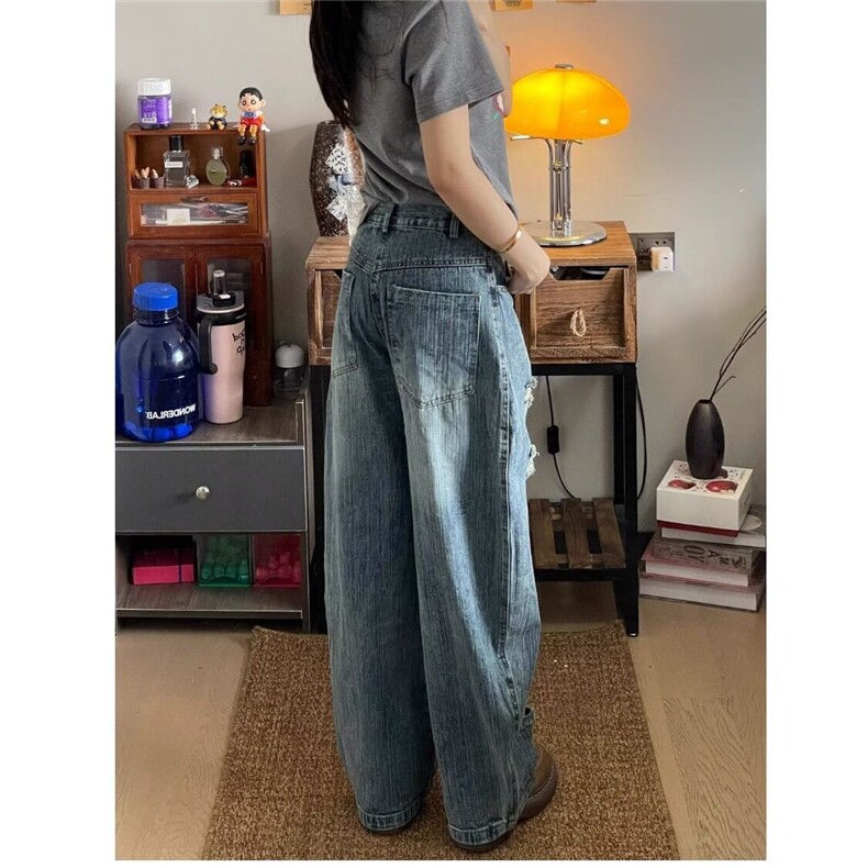 美式复古花卉刺绣弯刀牛仔裤男女破洞设计感休闲宽松情侣直筒裤潮,男装牛仔裤,星座410-7