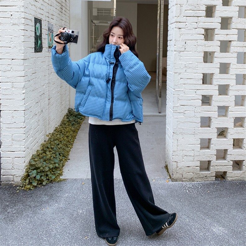 蓝色格子立领短款羽绒服女冬2025超火好看高级小众加厚面包服外套,女装羽绒服,2C117