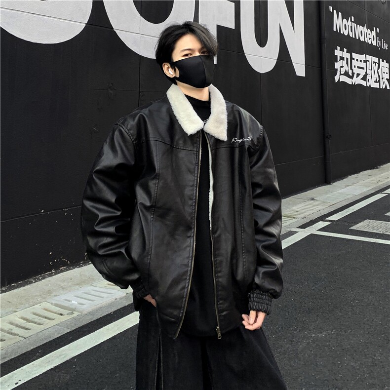 美式复古加绒保暖羊羔绒pu皮棉衣外套男宽松加厚棉服机车服p128,男装棉衣,电商C307