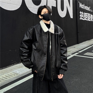 美式复古加绒保暖羊羔绒pu皮棉衣外套男宽松加厚棉服机车服p128图片