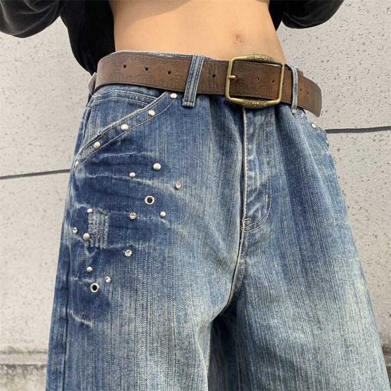 美式铆钉水洗闪电直筒牛仔裤男女做旧设计感宽松百搭N2206-P58,男装牛仔裤,星座308B-1