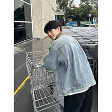 K2644-P64水洗做旧纽扣复古牛仔夹克外套重工废土风翻领痞帅，男装工装外套，电商B323A