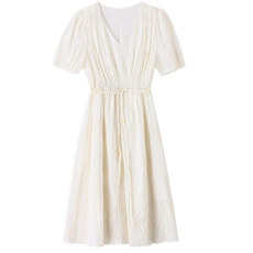 2025夏装新款简约时尚V领修身连衣裙，女装连衣裙，魅丽静蓝