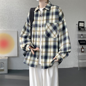 衬衫男春季新款港风宽松大码磨毛格子长袖衬衣CS6639-P35图片
