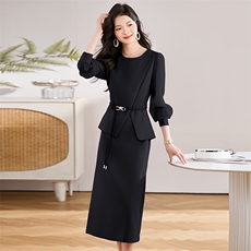 闺舍2025年春季超软S型连衣裙U型领长袖丝缎优雅气质假两件中长裙，女装连衣裙，初闻兮