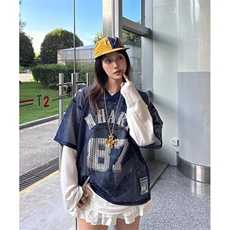 夏季藏青色大网眼球衣美式街头复古印花球服短袖t恤男女夏季TT85，男装T恤，星座1116A（原606A-3）