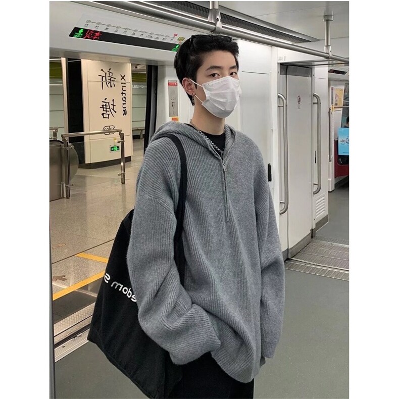 秋季潮套头休闲常规水洗慵懒风百搭纯色拉链宽松连帽毛衣长袖带帽图片